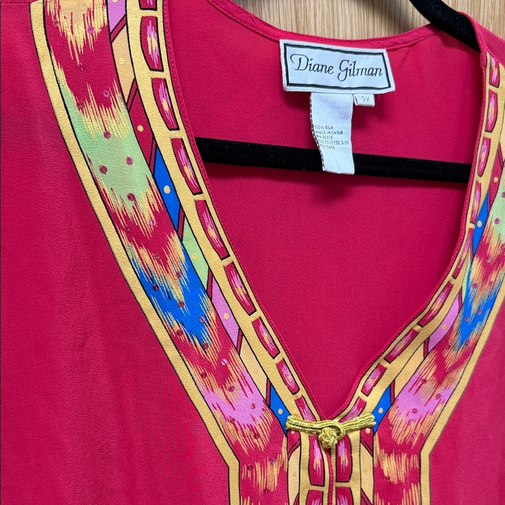 Diane Gilman Hot Pink Embroidered V-Neck Tunic with Multicolor Trim - Picture 7 of 7